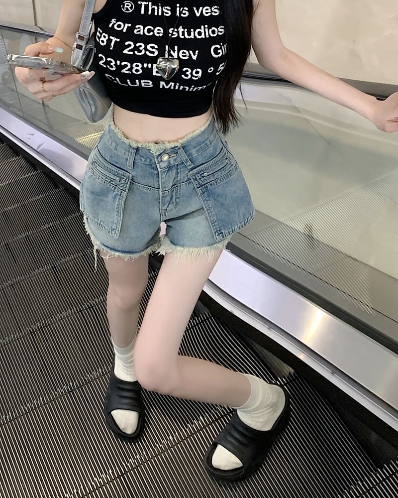 Hot High Denim Fringed Pants Trim Waist Washed