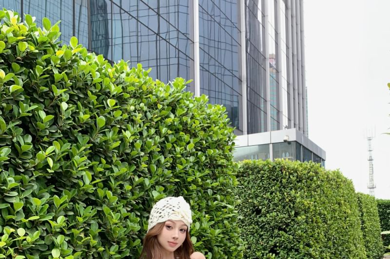 Mini High Skirt Halter Pencil Detail Flower Floral / Neck Plain Top Rise Scoop