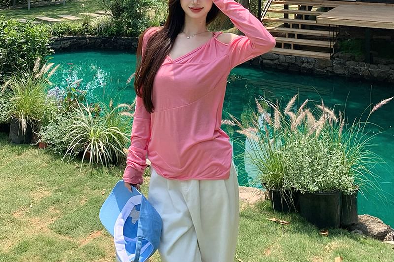 T-Shirt Asymmetrical Long-Sleeve One-Shoulder Plain