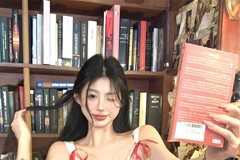 Mini Trim Spaghetti Bodycon Lace Bow Strap Plaid Dress