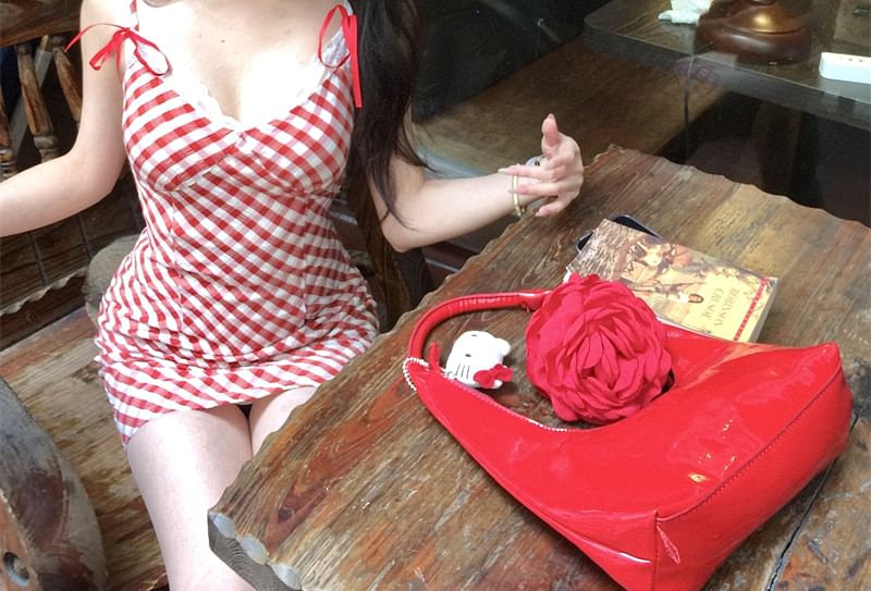 Mini Trim Spaghetti Bodycon Lace Bow Strap Plaid Dress