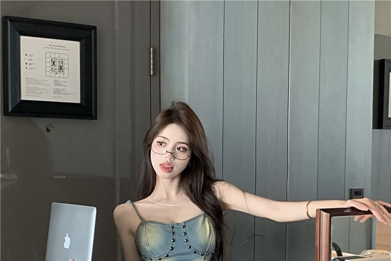 Denim Rise Washed Plain Skirt High Mini Asymmetrical Top / Cami Studded A-Line