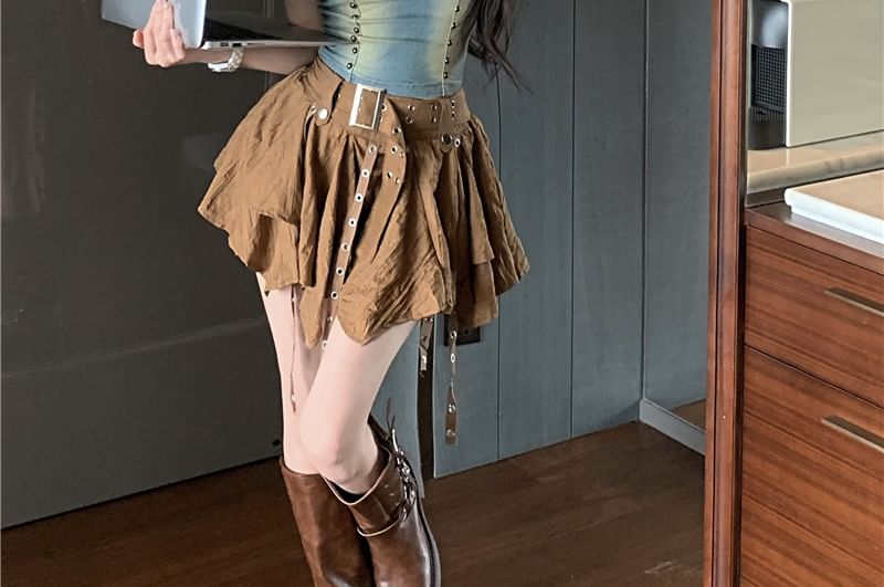 Denim Rise Washed Plain Skirt High Mini Asymmetrical Top / Cami Studded A-Line