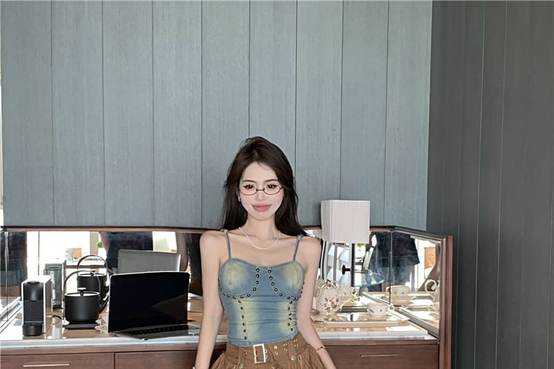 Denim Rise Washed Plain Skirt High Mini Asymmetrical Top / Cami Studded A-Line