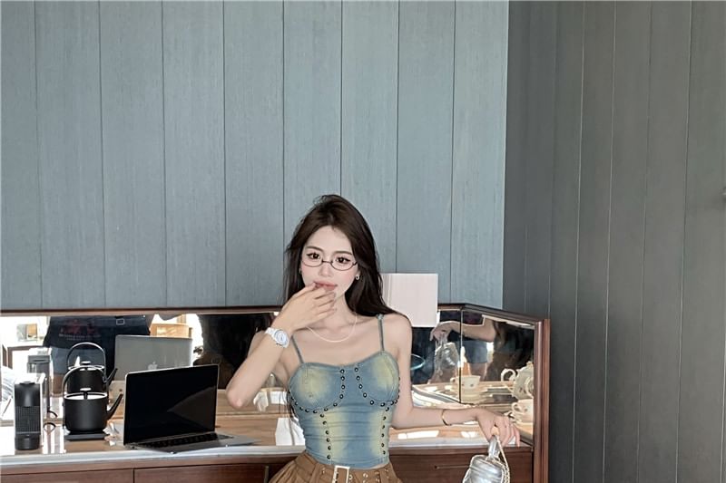 Denim Rise Washed Plain Skirt High Mini Asymmetrical Top / Cami Studded A-Line