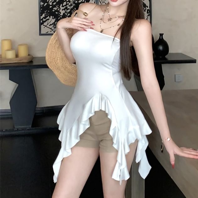 Top Ruffle Strapless Asymmetrical Plain