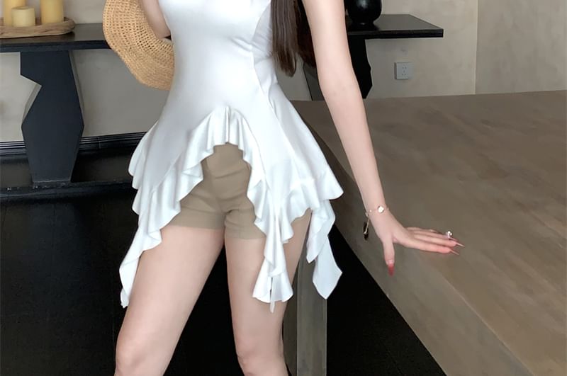 Top Ruffle Strapless Asymmetrical Plain