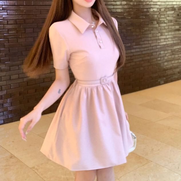Mini Dress Collar A-Line Short-Sleeve Plain