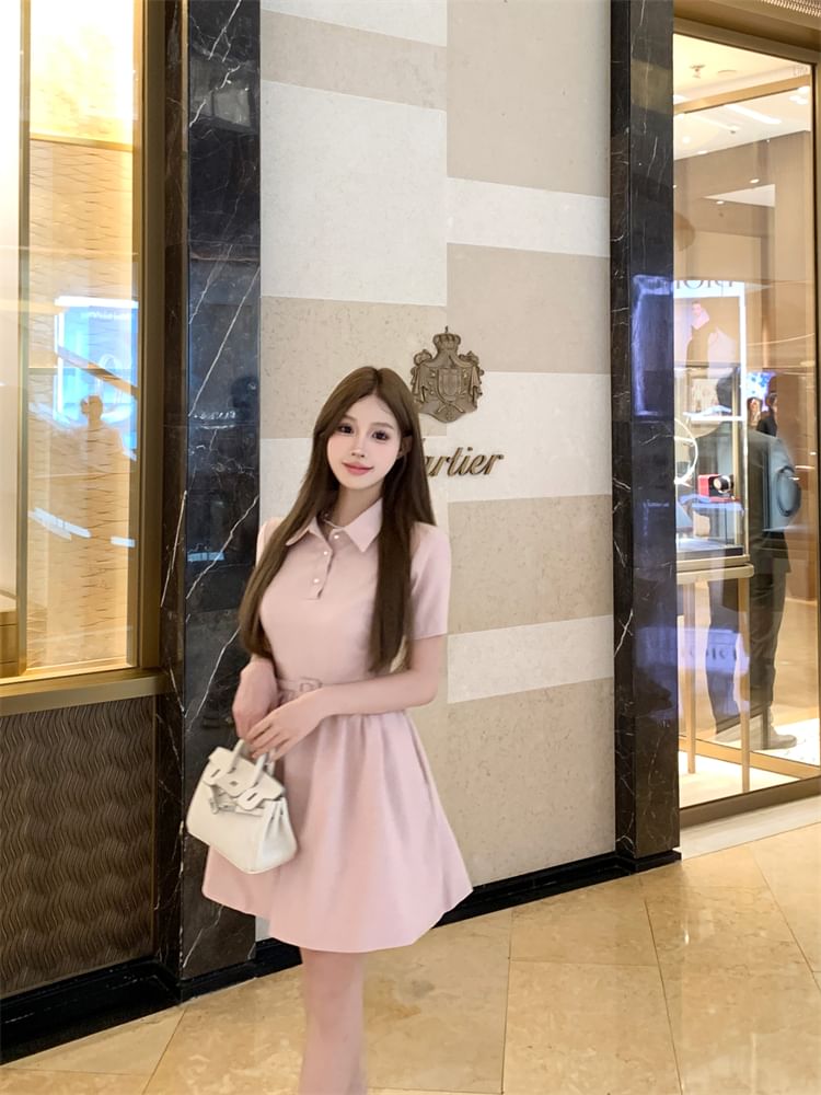 Mini Dress Collar A-Line Short-Sleeve Plain