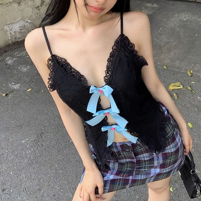 Lace Trim Cutout Camisole Top Bow