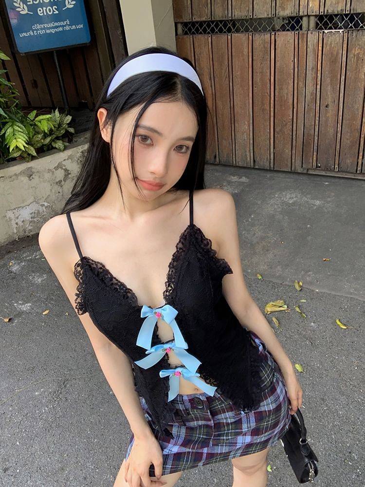 Lace Trim Cutout Camisole Top Bow