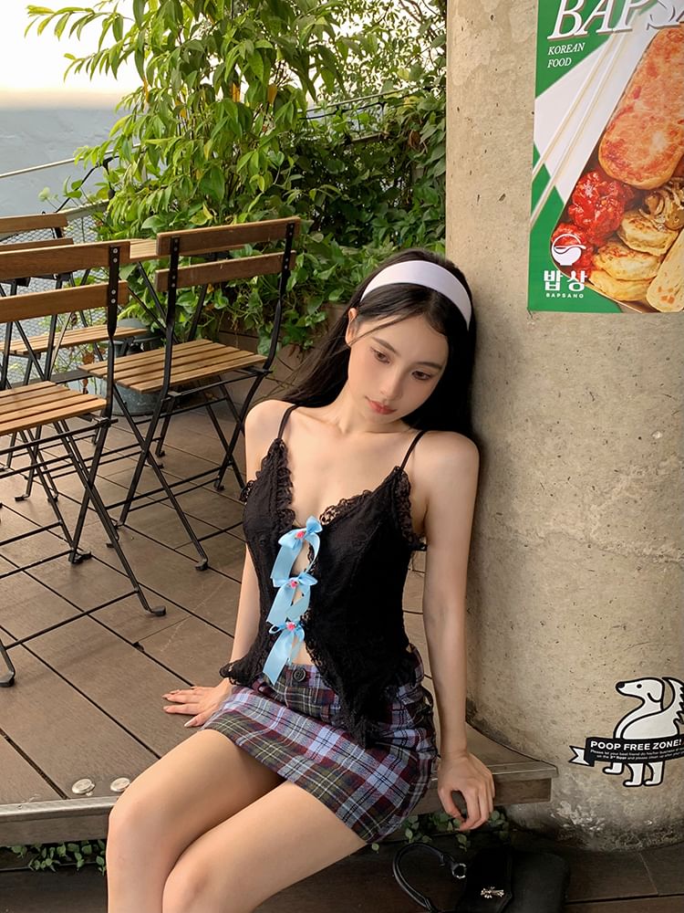 Lace Trim Cutout Camisole Top Bow