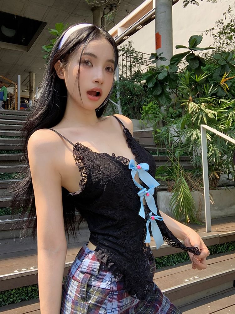 Lace Trim Cutout Camisole Top Bow