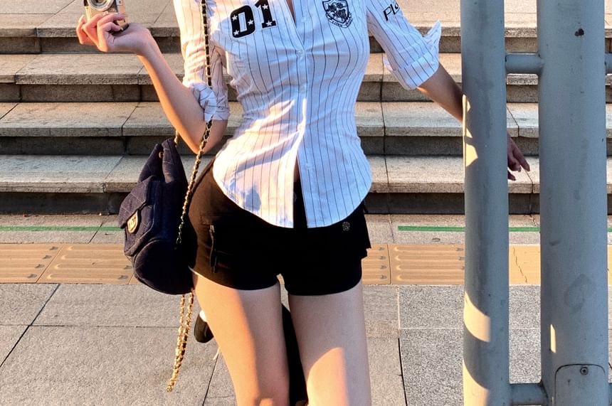 Numbering Shirt Striped Elbow-Sleeve Button-Up