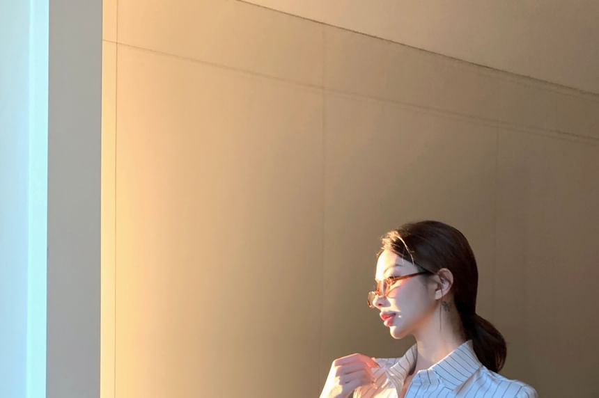 Numbering Shirt Striped Elbow-Sleeve Button-Up