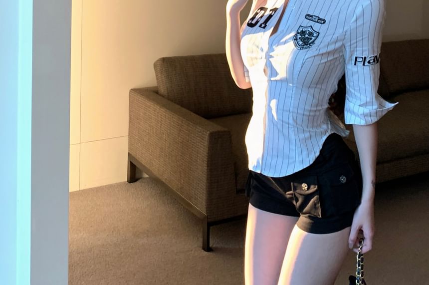 Numbering Shirt Striped Elbow-Sleeve Button-Up