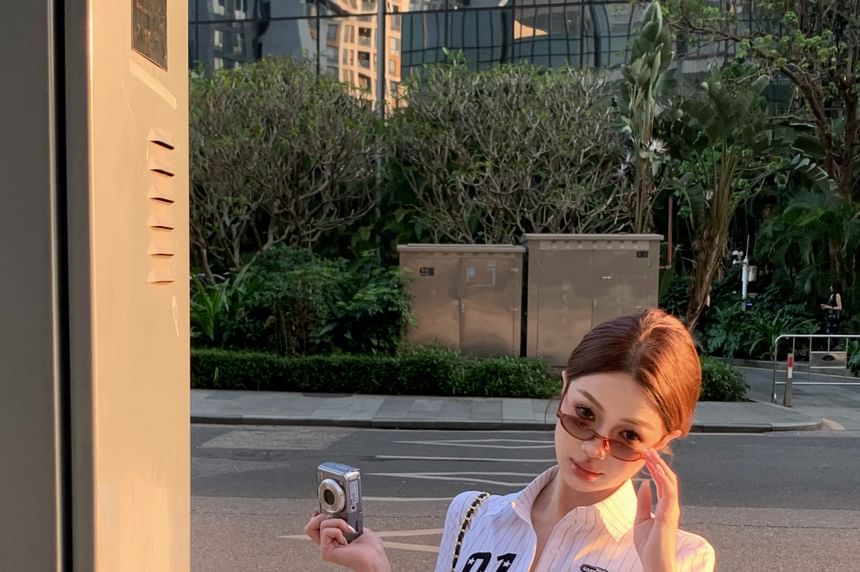 Numbering Shirt Striped Elbow-Sleeve Button-Up