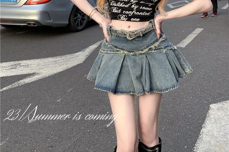 Mini Mid Rise Skirt Tassel Washed A-Line Denim Trim