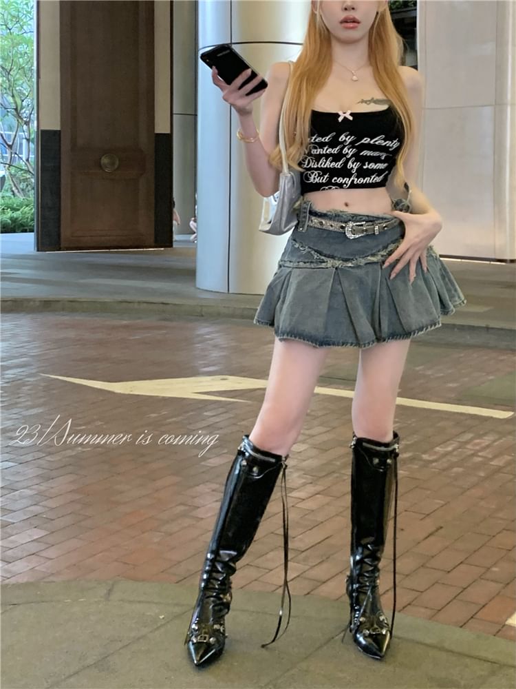 Mini Mid Rise Skirt Tassel Washed A-Line Denim Trim