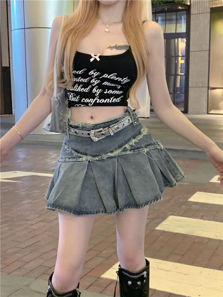 Mini Mid Rise Skirt Tassel Washed A-Line Denim Trim