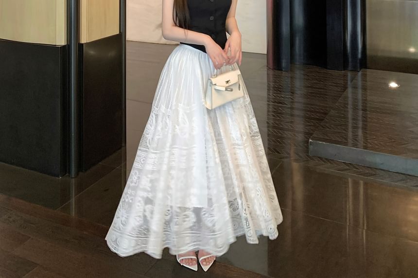 Lace Waist Skirt Crop A-Line Top Halter-Neck Plain Midi / Button-Up Mid