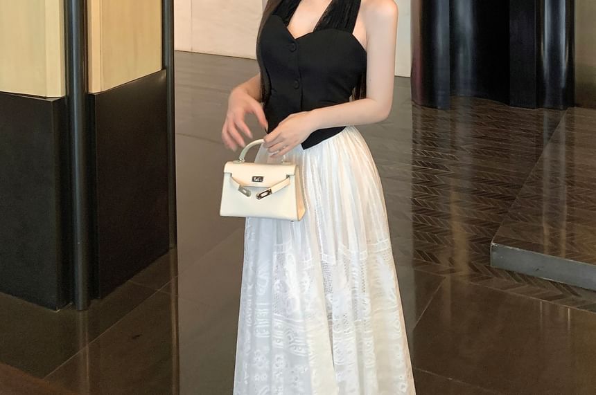 Lace Waist Skirt Crop A-Line Top Halter-Neck Plain Midi / Button-Up Mid