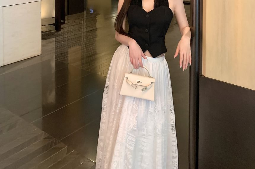 Lace Waist Skirt Crop A-Line Top Halter-Neck Plain Midi / Button-Up Mid