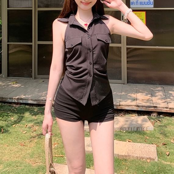Shirt Shirred Halter-Neck Striped Button-Up