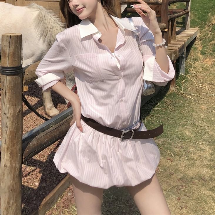 Long-Sleeve Striped + Set: Shirtdress Mini Belt Button-Up