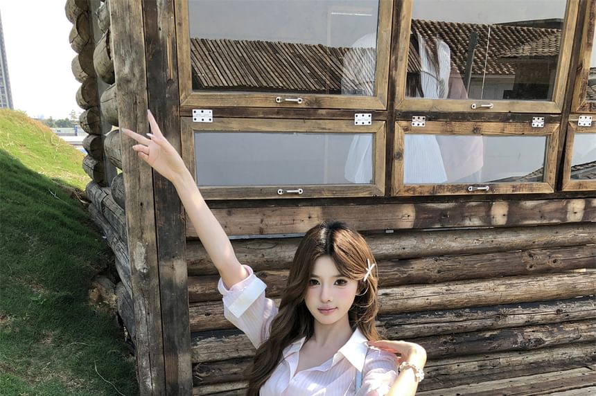 Long-Sleeve Striped + Set: Shirtdress Mini Belt Button-Up