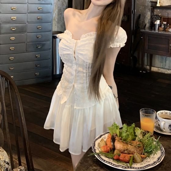 A-Line Shirred Blouse Mini Plain Rise Off-Shoulder High / Skirt Ruffled