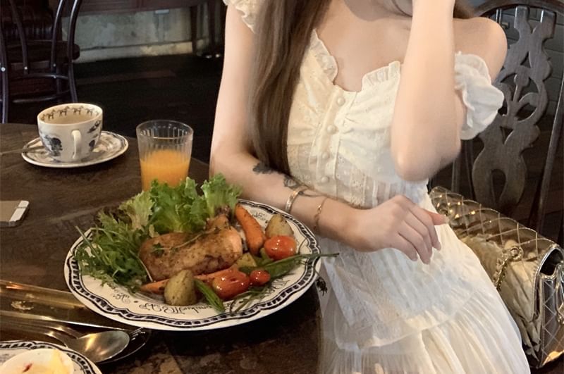 A-Line Shirred Blouse Mini Plain Rise Off-Shoulder High / Skirt Ruffled