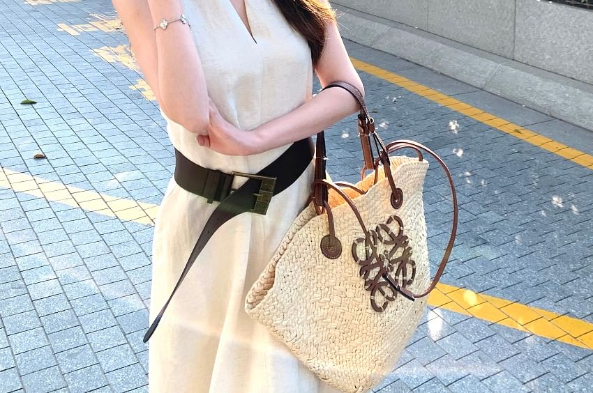 Faux Halter-Neck Plain A-Line / Leather Dress Belt Midi