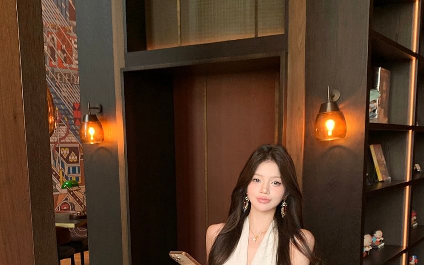 Faux Halter-Neck Plain A-Line / Leather Dress Belt Midi