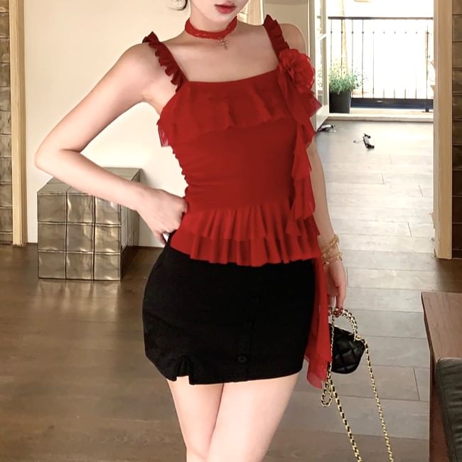 Top High Cami Waist Skirt Asymmetrical Floral / Pencil Ruffled Mini