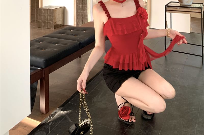 Top High Cami Waist Skirt Asymmetrical Floral / Pencil Ruffled Mini