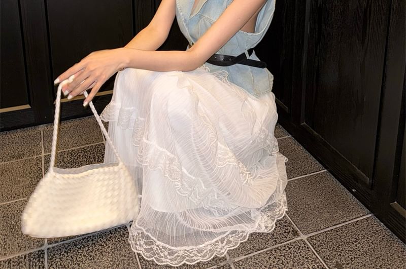 Lace Layered High Button-Up Denim / Midi Vest Rise Skirt A-Line Washed