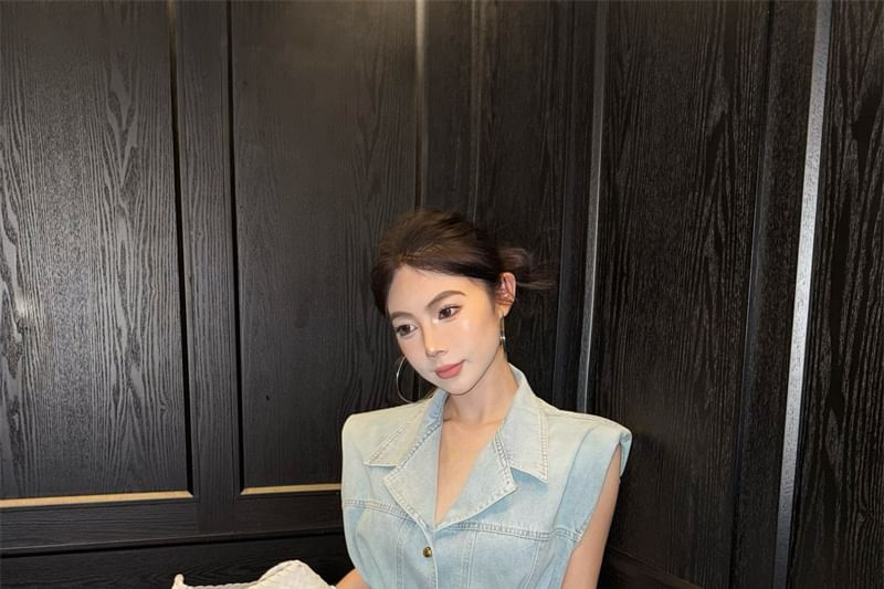 Lace Layered High Button-Up Denim / Midi Vest Rise Skirt A-Line Washed