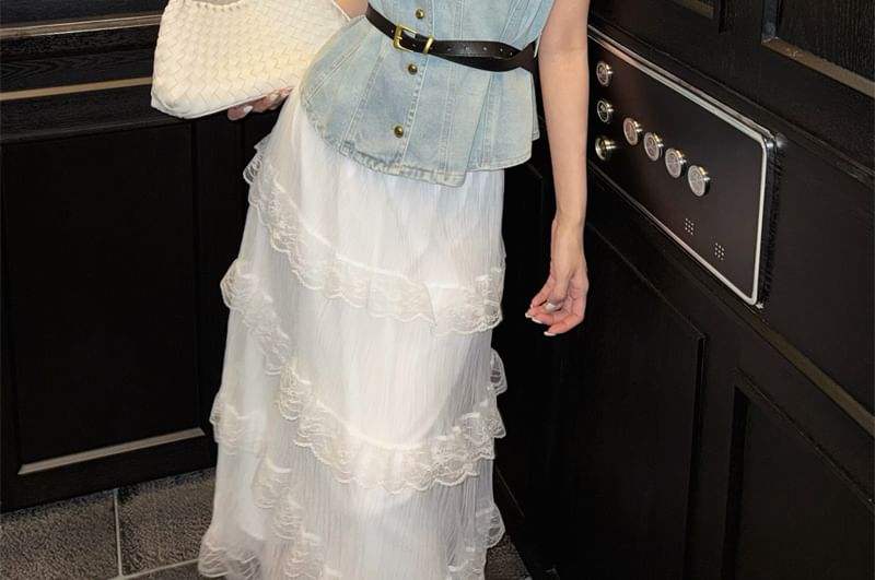 Lace Layered High Button-Up Denim / Midi Vest Rise Skirt A-Line Washed