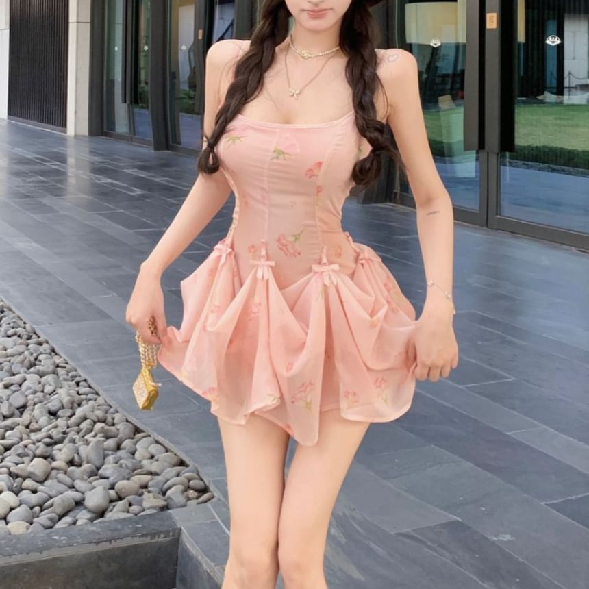 Mini Spaghetti Floral Dress Print A-Line Strap Shirred