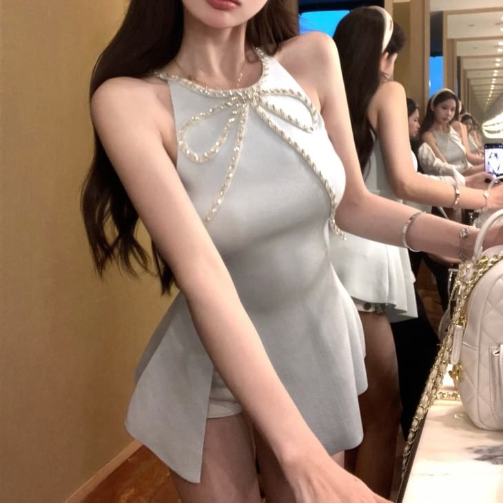 Dress Bow A-Line Mini Halter-Neck Slit Rhinestone