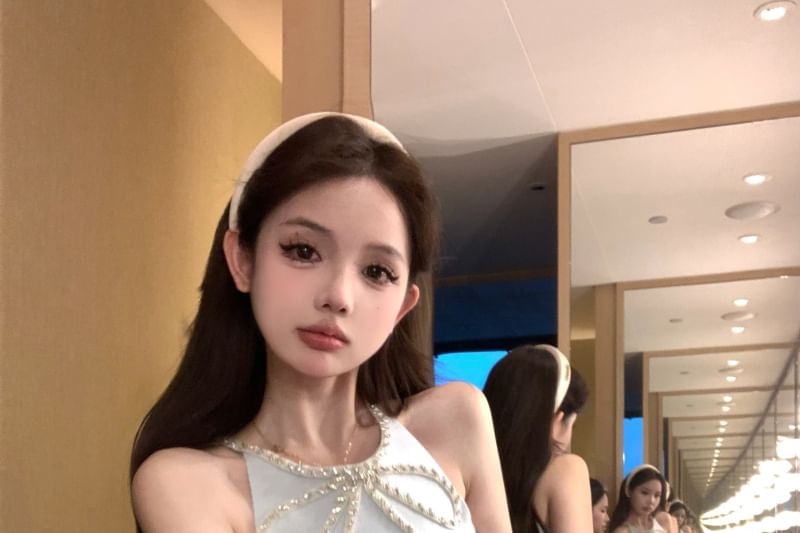 Dress Bow A-Line Mini Halter-Neck Slit Rhinestone