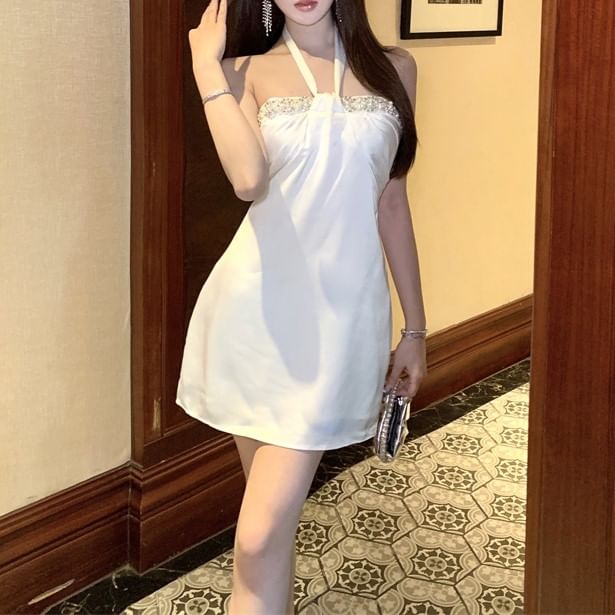 Rhinestone Halter-Neck Mini Dress A-Line Satin