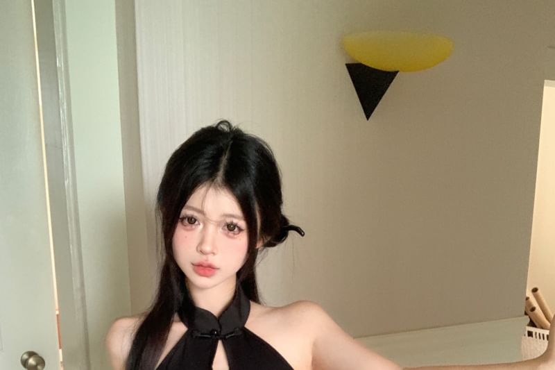 Dress Jacquard Mini Halter-Neck Keyhole Bodycon Floral