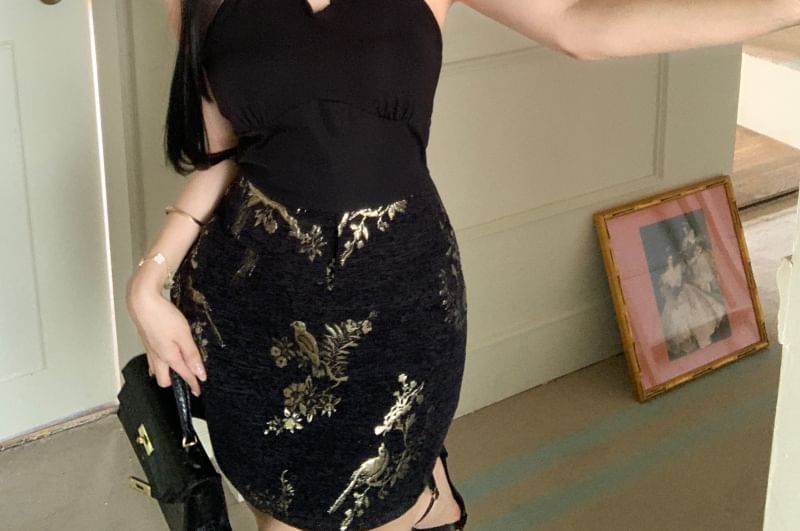 Dress Jacquard Mini Halter-Neck Keyhole Bodycon Floral