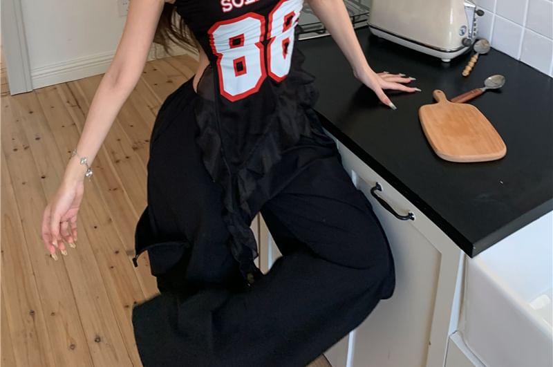 Numbering Tube / Leg High Pants Ruffled Waist Wide Top