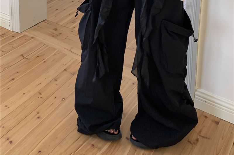 Numbering Tube / Leg High Pants Ruffled Waist Wide Top