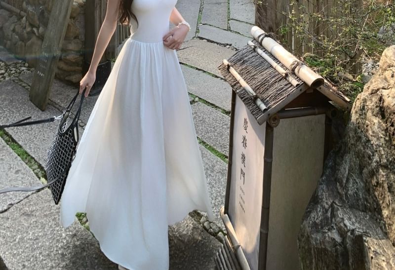 Midi Spaghetti Strap Dress Plain A-Line