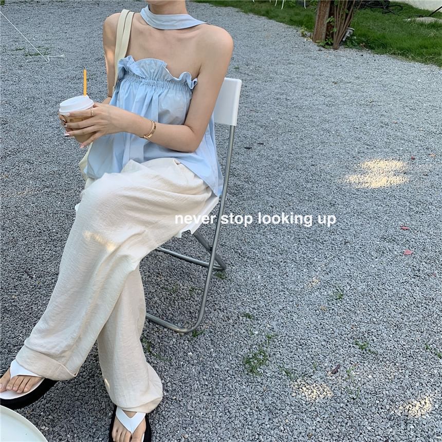 Ruffled Back Top Plain Camisole Open Balloon Keyhole