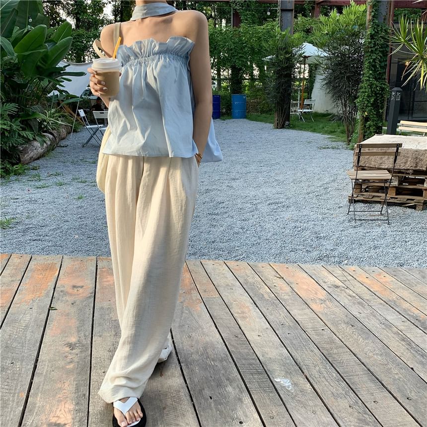 Ruffled Back Top Plain Camisole Open Balloon Keyhole